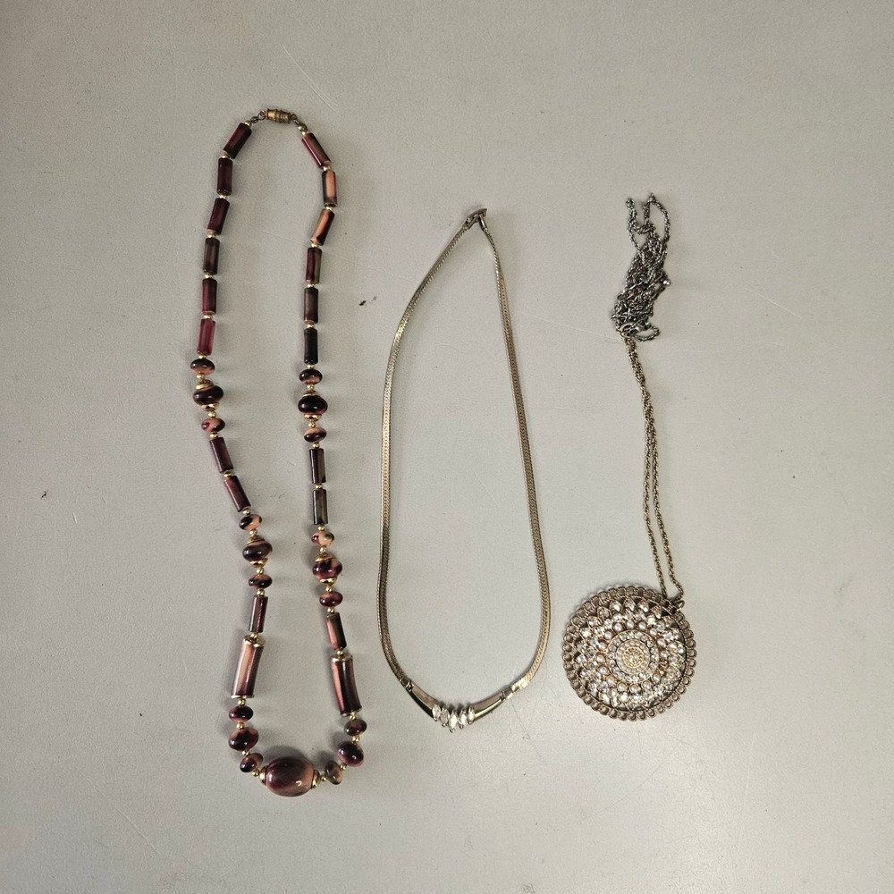 Vintage Necklace Lot 3pc Gold Herringbone Crystal Beaded Boho Pendant